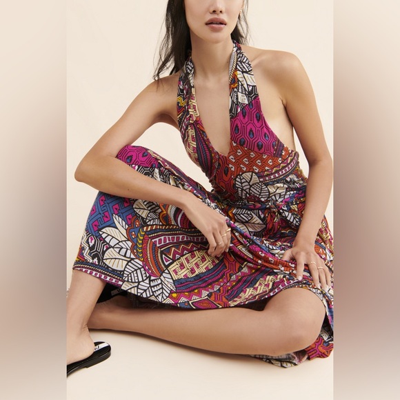 Maeve Cynthia Halter Maxi Dress XS Multicolor Geometric Jersey Anthropologie - Picture 2 of 8